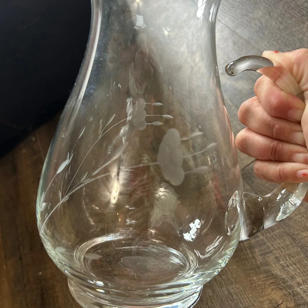 Princess House Heritage Etched Floral‎ Clear Glass Pitcher 10 Inch Vintage 2 Qt